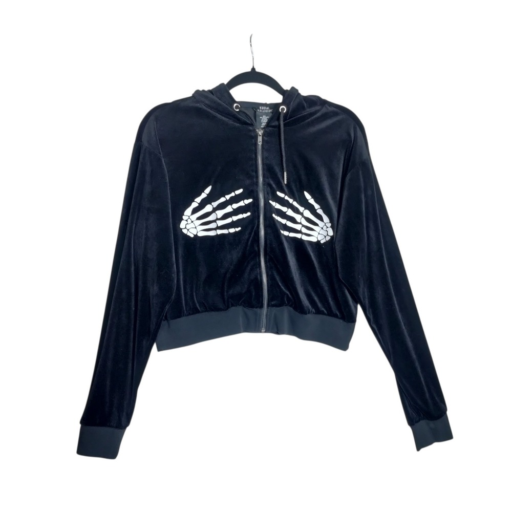 Social Collision Black Velour Skeleton Hand Cropped Zip Up Hoodie Large
